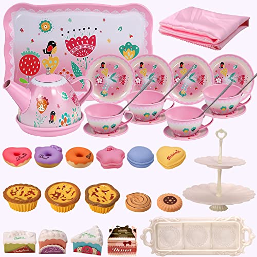 Tea set children's, pewter teapot, dessert toy, cookies, donut, cake, tablecloth and carrying bag