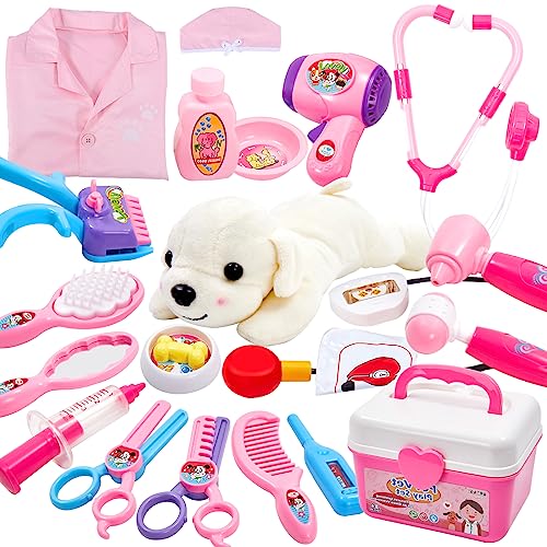 2 in 1 vet case for kids with dog, doctor case kids role play toy vet play set dog salon