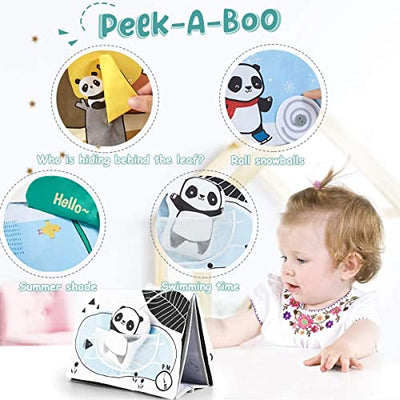 Baby fabric books with mirror, panda with high contrast in black and white