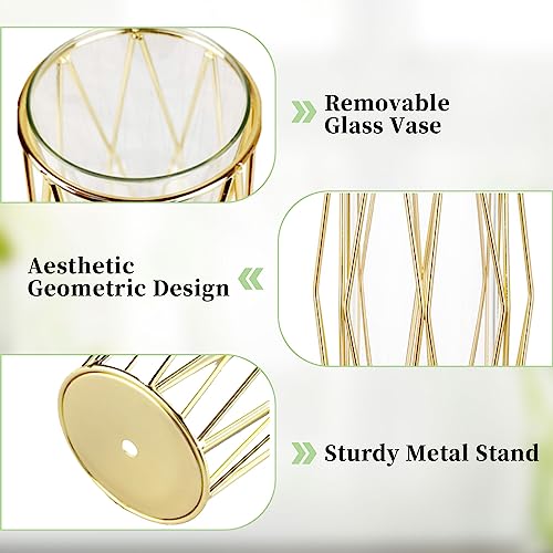 2Pcs/Set Vase For Pampas Grass, Glass Gold Vase High Bottom Vase With Geometric Metal Frame Stand