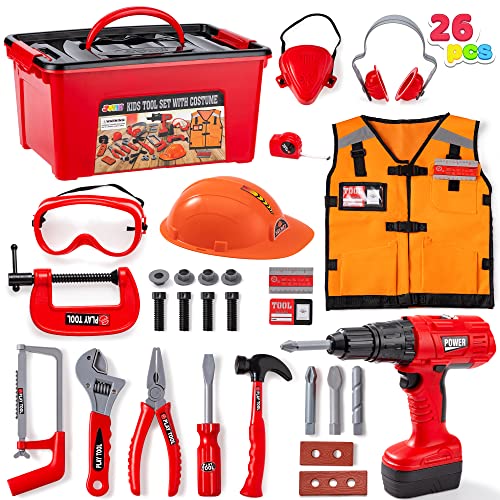 24 Piece Construction Tool Accessories Play Set Construction Toy Set Including Construction Worker Costume And Drill in Storage Box