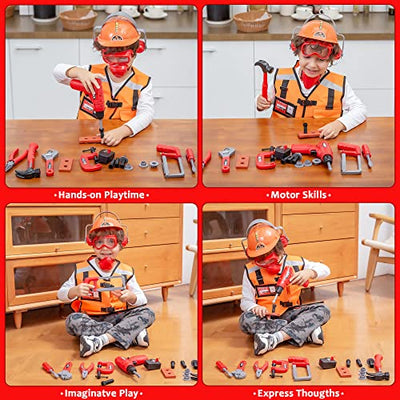 24 Piece Construction Tool Accessories Play Set Construction Toy Set Including Construction Worker Costume And Drill in Storage Box