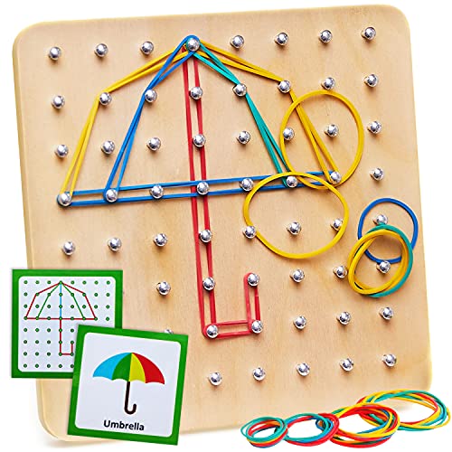 Wooden Geoboard - Toy, Geometry Educational Toy Geoboard Primary School, 30 Pattern Cards, 40 Rubber Bands for Creating Figures & Shapes