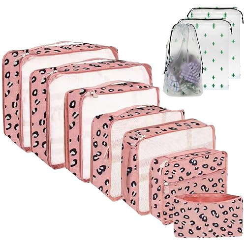 Organisateurs de valises 10 pièces, cubes d'emballage pour les voyages et les vacances, organisateur de voyage comprenant un sac à cosmétiques, un sac à chaussures, un ensemble d'organisateurs de valises pour le rangement à la maison (10 motifs léopard)