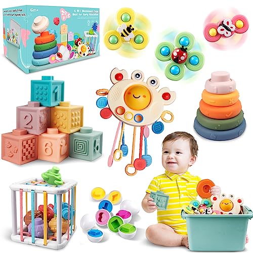 Baby toys for 6 to 12 months, toys for babies, sensory baby toys, 6 in 1 motor skills toys, stacking toys blocks and rings, matching eggs, suction cup spinning top toys