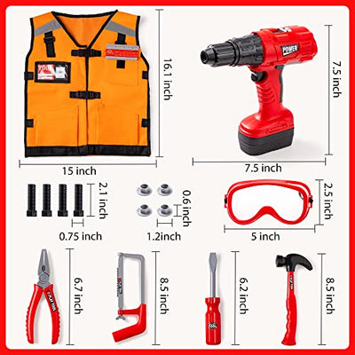 24 Piece Construction Tool Accessories Play Set Construction Toy Set Including Construction Worker Costume And Drill in Storage Box