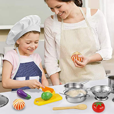 Kitchen Toy Accessories Kids Kitchen Cookware Stainless Steel Pan Set Apron and Chef Hat for Vegetables Pretend Toy Role Playing Games