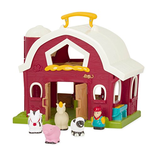 Large barn with farm animals pig, horse, cow, sheep and farmer