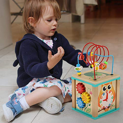 Motor Activity Cube Beads Maze Wooden Toy Activity Cube for Babies Wooden Motor Loop-5 Activities Counting Rollercoaster Beads Maze-Early Learning Toy