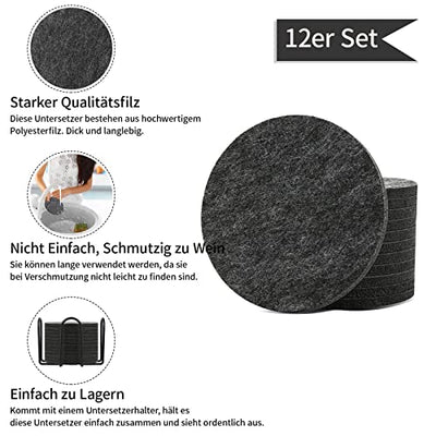 Felt Coasters Round for Glasses Set of 12, Glass Coasters in Dark Gray for Drinks, Bar, Cups