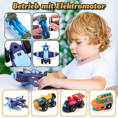 Toy car set, construction vehicles car kit for kids with electric car, airplane, train/boat, drill/engine