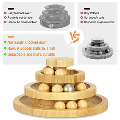 Cat Toy Self Occupation, Interactive Wooden Cat Toy THREE Tiers Rotatable Smart Track Ball Rocking Roller With Bells