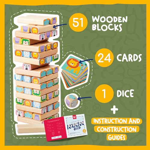 Jeu d'empilage de blocs en bois – Jeu social familial 4 en 1 Wiggle Tower – Ensemble : blocs de construction