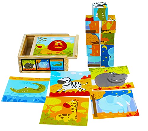 Puzzle en bois avec gros cubes pour les tout-petits - 9 cubes avec 6 animaux sauvages dans un coffre en bois