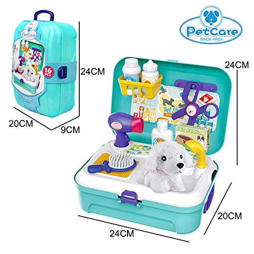 Veterinarian playset dog salon pet setting in suitcase small backpack role play toy with 16 pieces