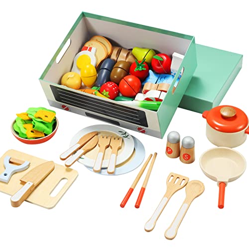 Children's Kitchen Accessories Wooden Play Kitchen Accessories, 78 Pieces Role Play Cooking Toy