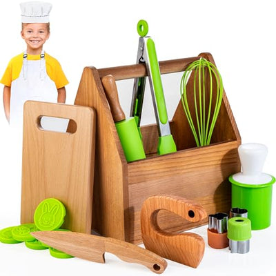 Children's Kitchen Accessories, Wooden Toy with Chef's Hat, Apron, Child Safety Knife, Shapes