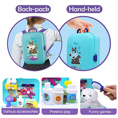 Veterinarian playset dog salon pet setting in suitcase small backpack role play toy with 16 pieces