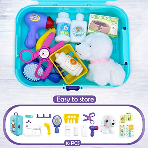 Veterinarian playset dog salon pet setting in suitcase small backpack role play toy with 16 pieces