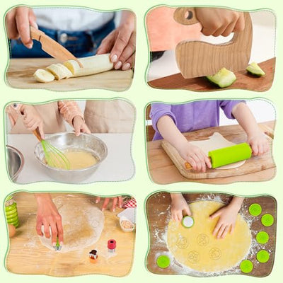 Children's Kitchen Accessories, Wooden Toy with Chef's Hat, Apron, Child Safety Knife, Shapes