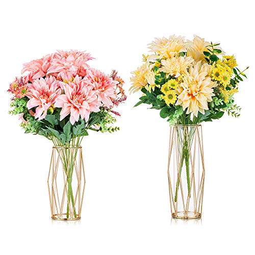 2Pcs/Set Vase For Pampas Grass, Glass Gold Vase High Bottom Vase With Geometric Metal Frame Stand