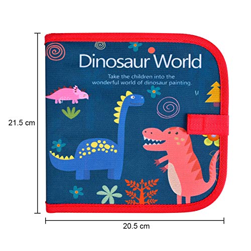 Wipeable coloring book for kids, portable kids coloring book 14 pages reusable drawing board with 12 color pencils - dinosaur