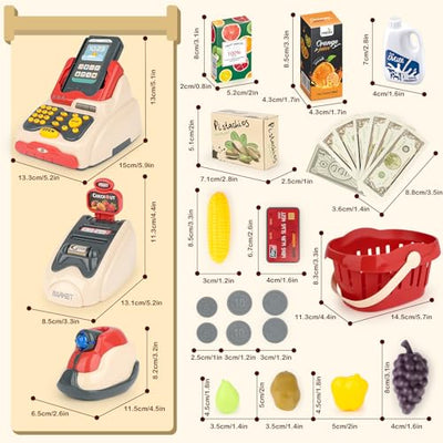 Spielset- Supermarktkasse mit Scanner, Kreditkarte, Spielzeuglebensmittel, Spielgeld und