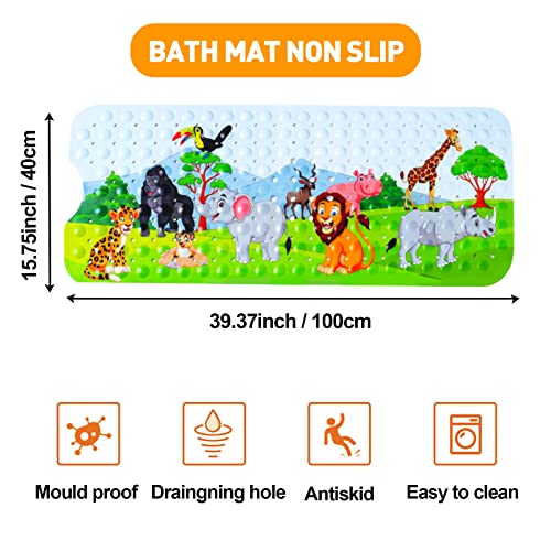 Bath Mat for Tub for Kids Cartoon Anti Slip Baby Bath Mat Extra Long Anti Slip Bathroom Toddler Shower Floor Mat with Suction Cups Drainage Holes