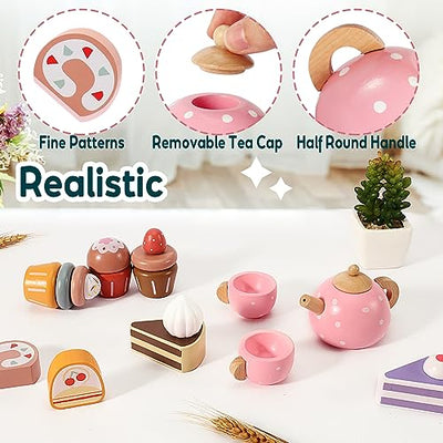 Tea set children with dessert, tea set wooden toys, tea party play kitchen role play, kitchen games