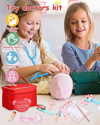 Arztkoffer Kinder Holzspielset mit echtem Stethoskop, Arztkoffer Kinder, Arztkittel Doktorspielset Rollenspielset Geschenke für Kinder