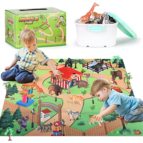 24pcs animals toys with play mat & trees & rocks, toys from 3 years children, educational learning animals model toys