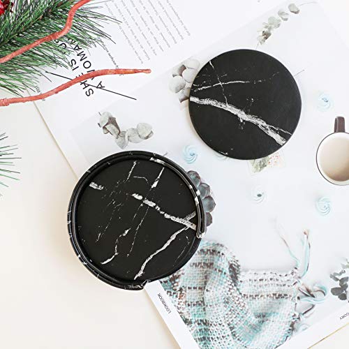 Coaster Black PU Leather Round Coaster Marble Pattern Set Of 6 For Glasses