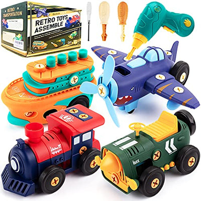 Toy car set, construction vehicles car kit for kids with electric car, airplane, train/boat, drill/engine