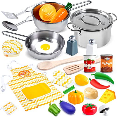 Kitchen toys kids kitchen toys with stainless steel cookware pots and pans set, apron, chef hat and food for kids