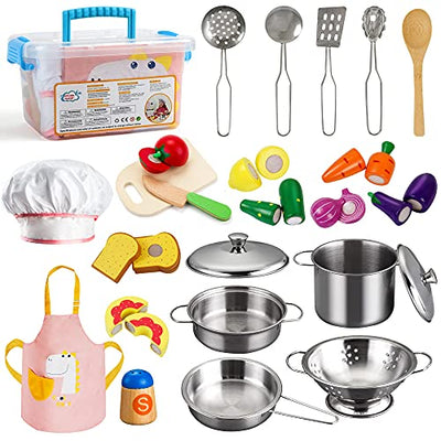 Accessoires de jouets de cuisine, accessoires de cuisine pour enfants en bois, accessoires de cuisine de jeu, jouets alimentaires, ensemble de poêles en acier inoxydable, tablier de poupée, casseroles de cuisine, jeux de rôle 