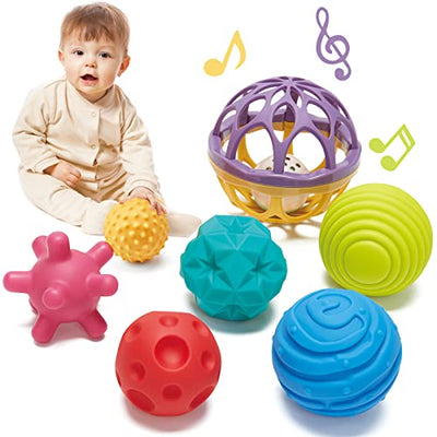 Baby Toy 0 Months - Baby Ball 6 PCS Baby Sensory Toy and 1 PC Rattle Balls, Baby Sensory Ball Toy