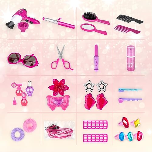 34 Piece Hairdresser and Glamour Vanity Carry Case Play Set Makeup Accessories, Pretend Jewelry, Curling Iron and Toy Hair Dryer Included