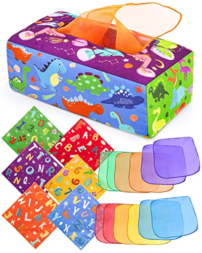 Sensory Toy Baby Dinosaur Tissue Box Toy, Includes Coloured Cloth Sensory Cloth Baby Toy