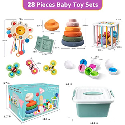 Baby toys for 6 to 12 months, toys for babies, sensory baby toys, 6 in 1 motor skills toys, stacking toys blocks and rings, matching eggs, suction cup spinning top toys