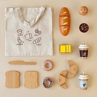 Wooden Bakery Toy Set Wooden Play Food Wooden Breakfast Play Set Kitchen Accessories for Role Playing Cutting Foods