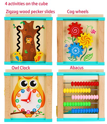 Motor Activity Cube Beads Maze Wooden Toy Activity Cube for Babies Wooden Motor Loop-5 Activities Counting Rollercoaster Beads Maze-Early Learning Toy