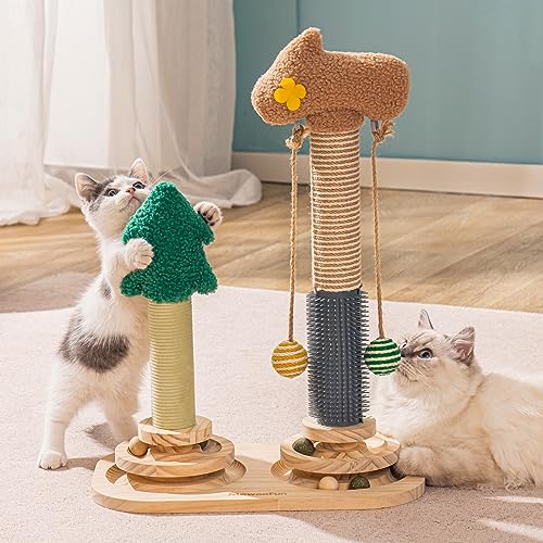 3-in-1 Kitten Toy Wooden Cat Toy - Double Scratching Tree Interactive Cat Toy Roller 2-Ply Turntable, Kitten Toy with Hanging Ball Toy Cat, 40x57cm