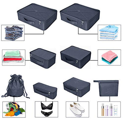 Suitcase Organiser, Clothes Bags for Travel, 8-Piece Set, 7 x Colours, Travel Luggage Organisers Including Waterproof Shoe Storage Bag, Convenient Compression Bags For Travellers, navy