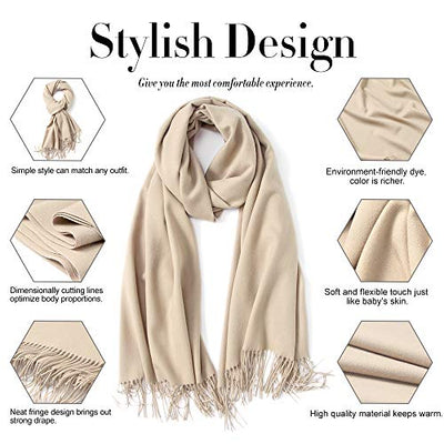 Scarf Warm Winter Autumn Plain Cotton with Tassels/Fringes, 40+ Colors Solid & Plaid Pashmina xl Scarves Cream Brown