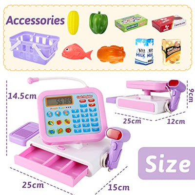 Kids Cash Register Toy, Electronic Cash Register Toy with Rotating Console, Shopping Store Accessories Cash Register with Scanner Microphone Calculator Function