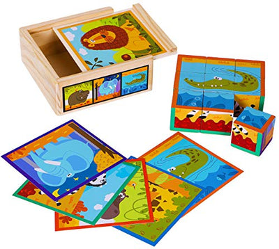 Puzzle en bois avec gros cubes pour les tout-petits - 9 cubes avec 6 animaux sauvages dans un coffre en bois