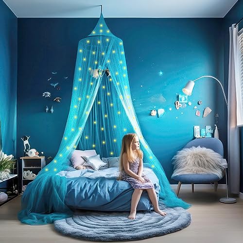 Blue bed canopy with pre-pasted glowing stars - princess mosquito net for girls room decoration blue - canopy bed curtains for kids and baby bed