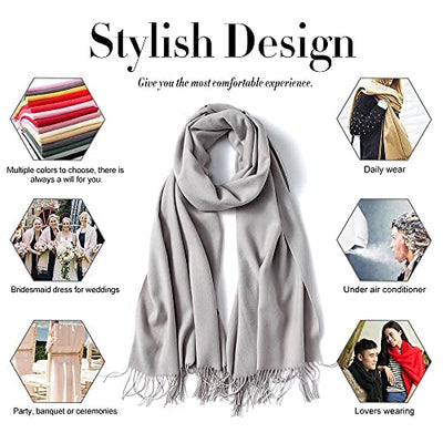 Scarf Warm Winter Autumn Plain Cotton with Tassels/Fringes, 40+ Colors Solid & Plaid Pashmina xl Scarves Silver Grey