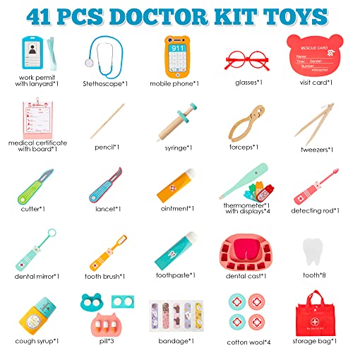 Doctor's Case Wooden Doctor's Case for Children, 41-Piece Dentist Set with Medical Bag for Children's Role Play