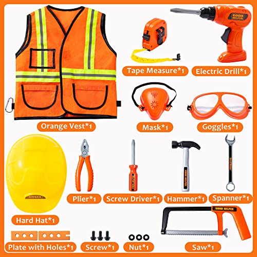 Construction worker costume role play tool toy set, with hard hat, goggles, types of toy tools, for architecture role play, Halloween party, carnival and birthday